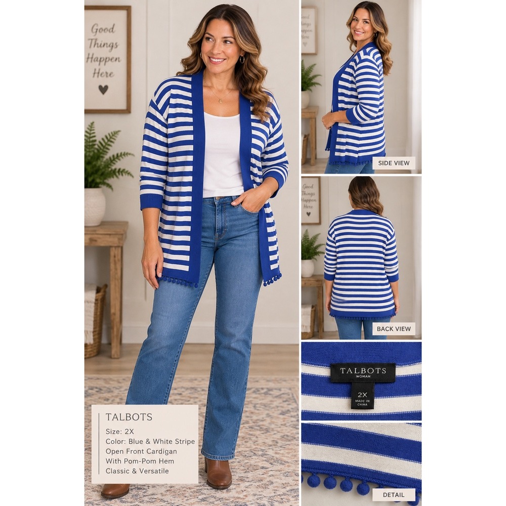Talbots Woman 2X Blue White Striped Pom Pom Hem Open Front Cardigan Sweater